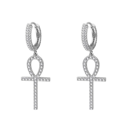 Large Ankh Tennis Cross Dangling Huggie Hoop Iced Out Earrings .925 Silver