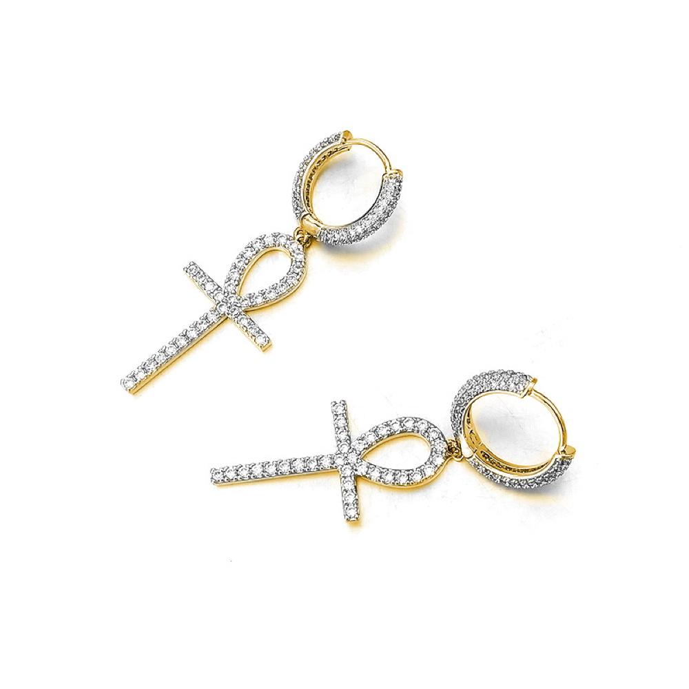 Large Ankh Tennis Cross Dangling Huggie Hoop Iced Out Earrings .925 Silver
