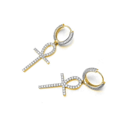 Large Ankh Tennis Cross Dangling Huggie Hoop Iced Out Earrings .925 Silver