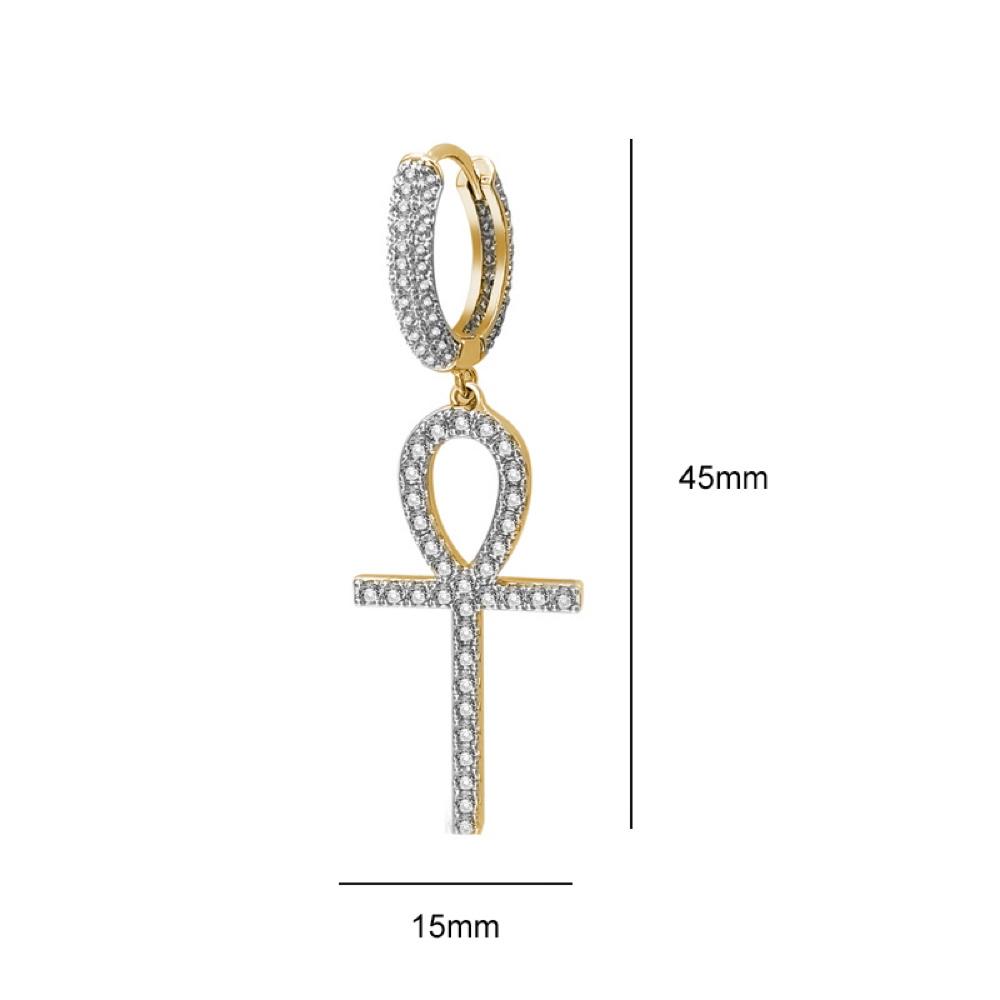 Large Ankh Tennis Cross Dangling Huggie Hoop Iced Out Earrings .925 Silver