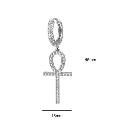 Large Ankh Tennis Cross Dangling Huggie Hoop Iced Out Earrings .925 Silver