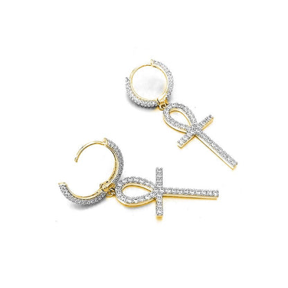Large Ankh Tennis Cross Dangling Huggie Hoop Iced Out Earrings .925 Silver