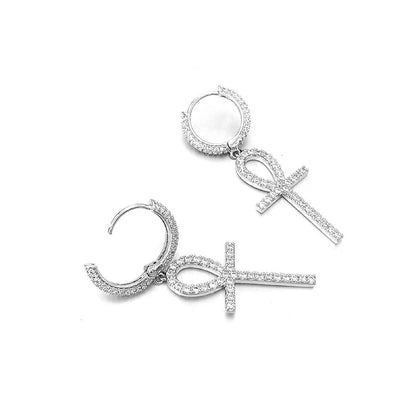 Large Ankh Tennis Cross Dangling Huggie Hoop Iced Out Earrings .925 Silver