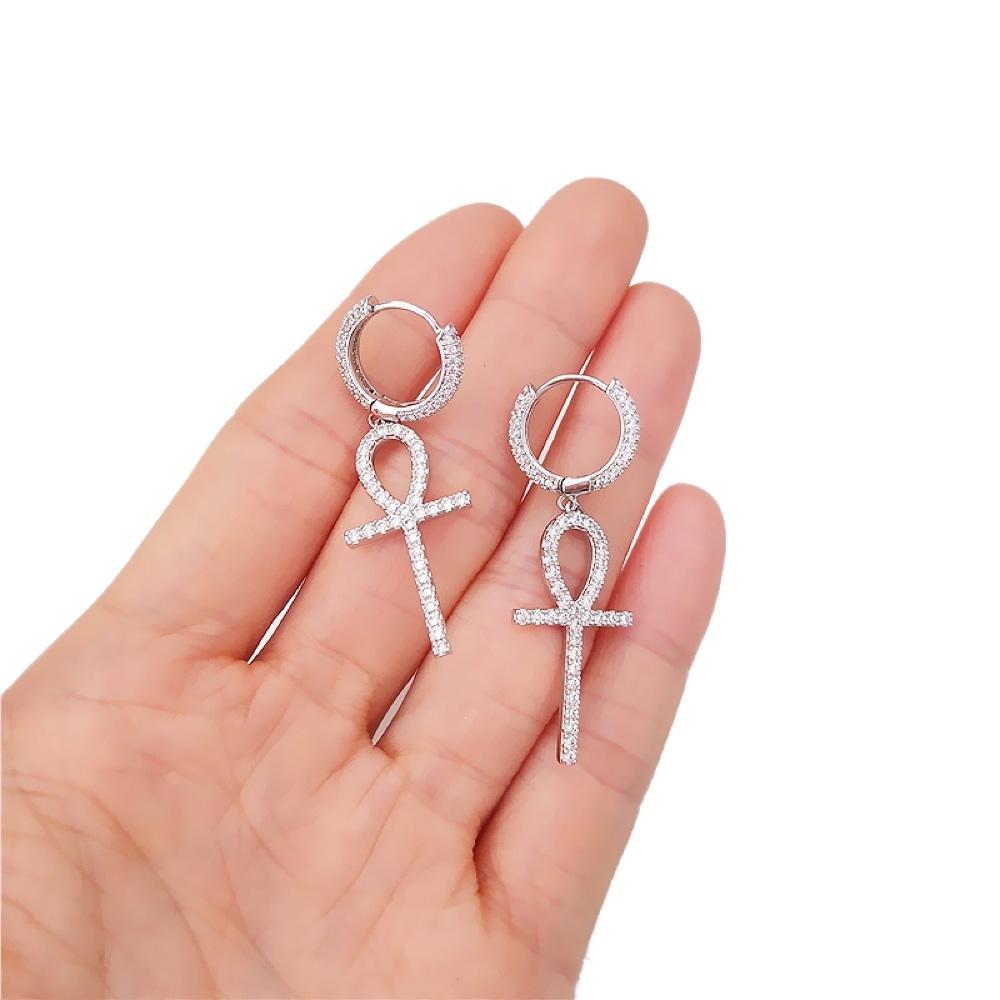 Large Ankh Tennis Cross Dangling Huggie Hoop Iced Out Earrings .925 Silver