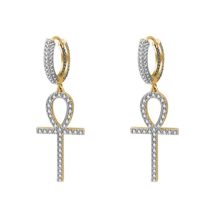 Large Ankh Tennis Cross Dangling Huggie Hoop Iced Out Earrings .925 Silver