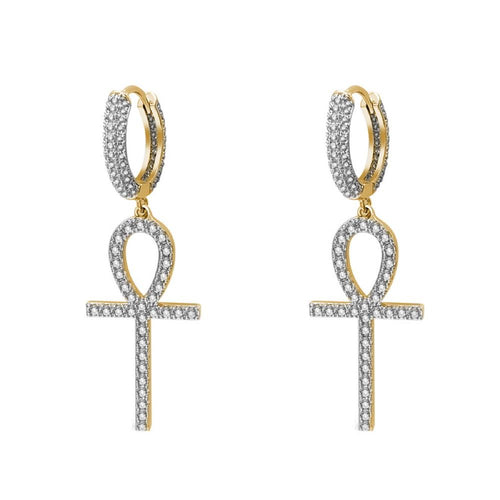Large Ankh Tennis Cross Dangling Huggie Hoop Iced Out Earrings .925 Silver
