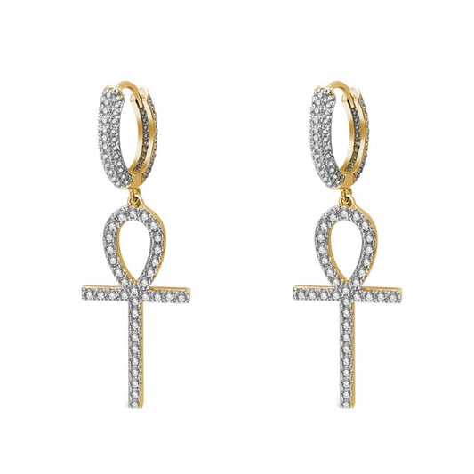 Large Ankh Tennis Cross Dangling Huggie Hoop Iced Out Earrings .925 Silver