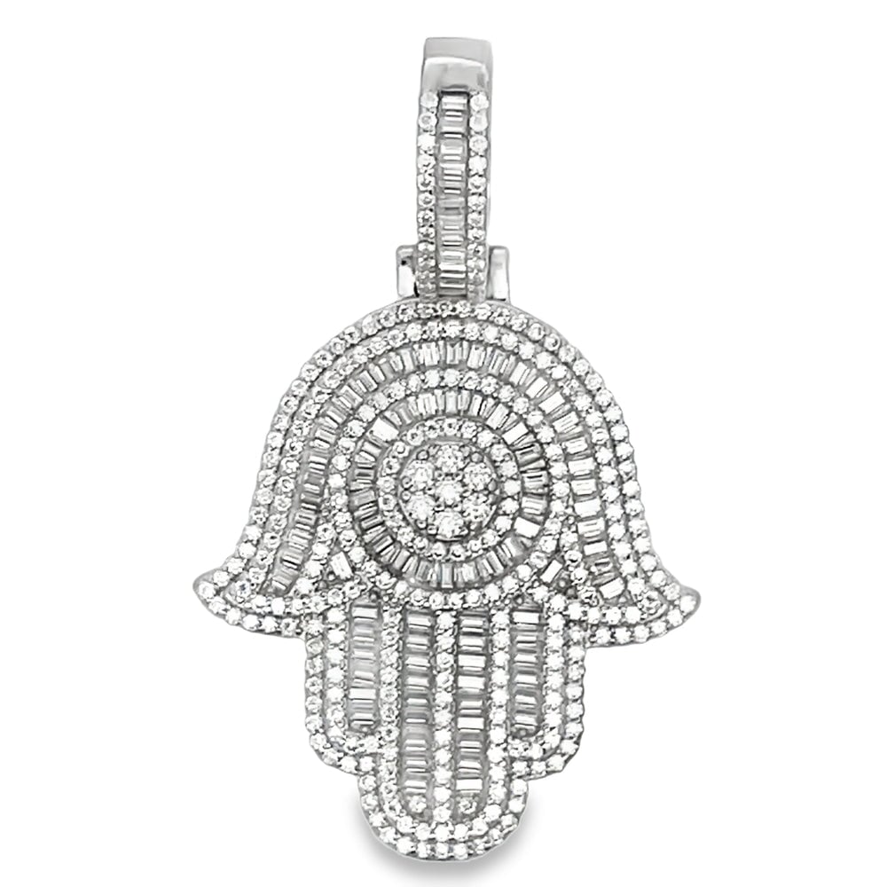 Large Baguette Hamsa Iced Out Moissanite Pendant .925 Sterling Silver