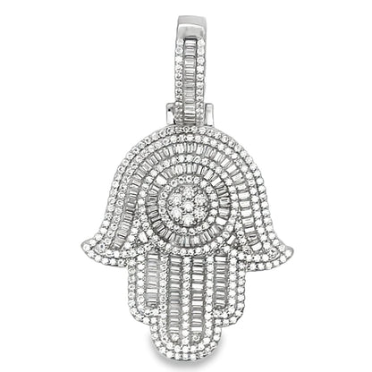 Large Baguette Hamsa Iced Out Moissanite Pendant .925 Sterling Silver
