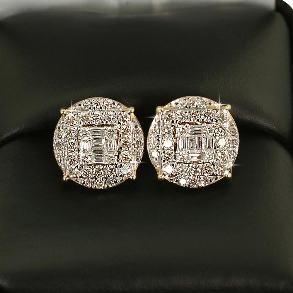 Large Baguette in Circle Diamond Earrings 1.10cttw 10K Yellow Gold
