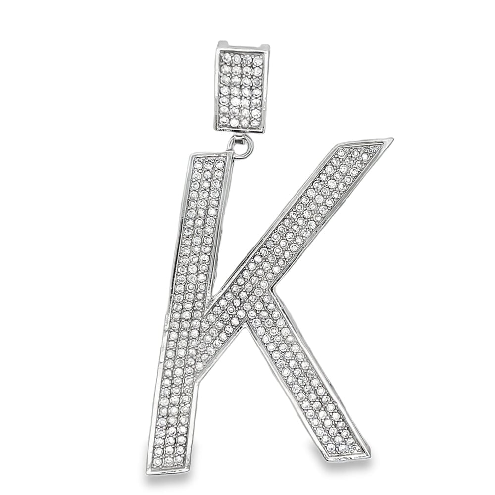 Large Block Initial Letter White CZ Iced Out Pendant