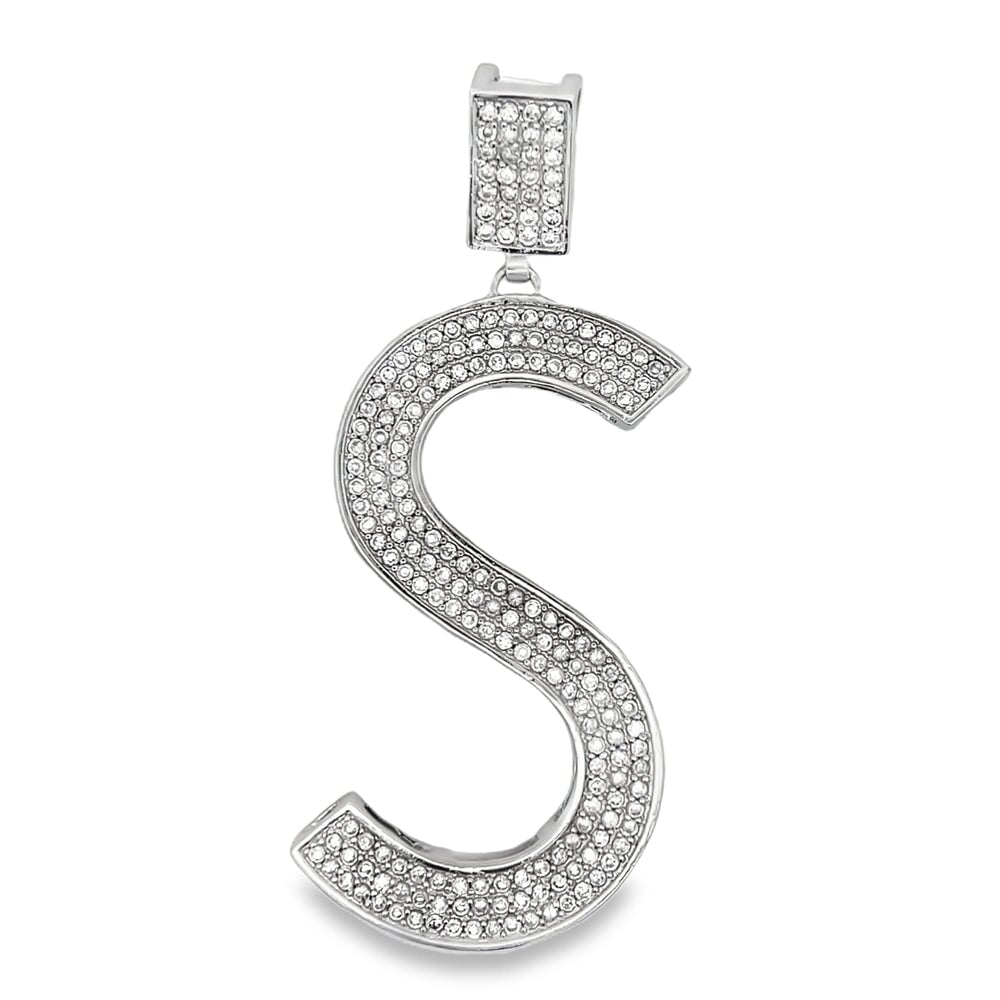 Large Block Initial Letter White CZ Iced Out Pendant