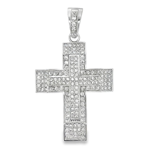 Layered Double Cross CZ Iced Out Pendant