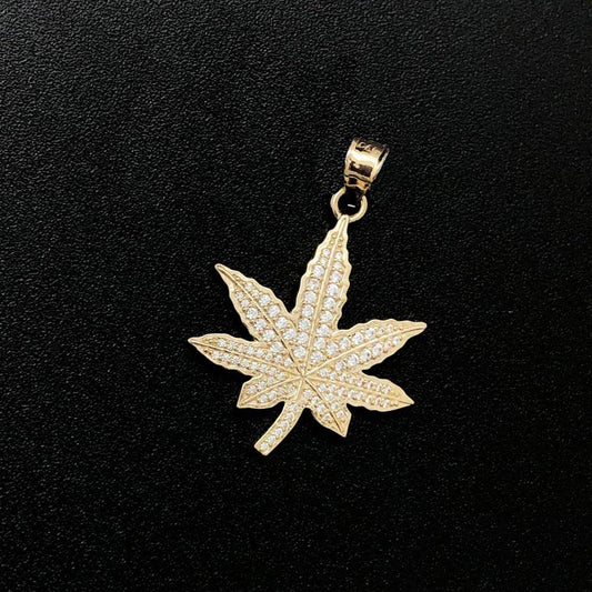 Marijuana Leaf CZ 10K Yellow Gold Pendant