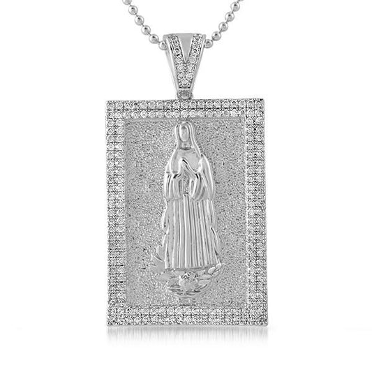 Mary Christian Rhodium Block CZ Medallion