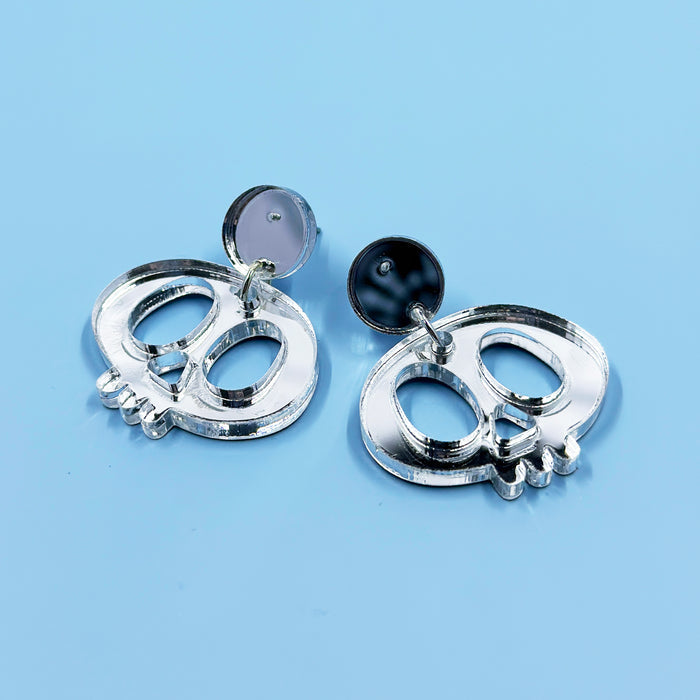 Silver Mirrored Skull Hanging Post Earrings