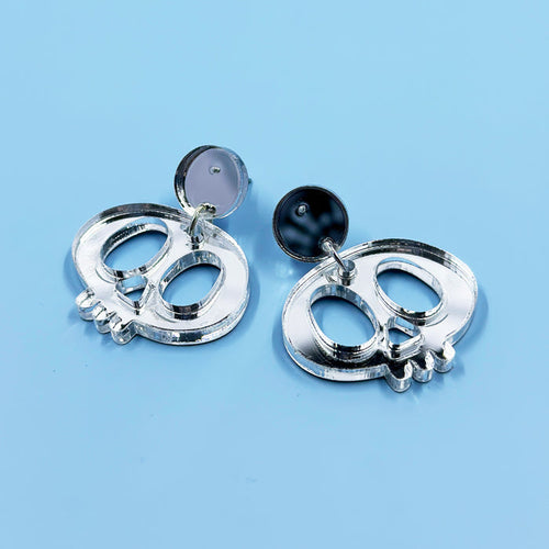 Silver Mirrored Skull Hanging Post Earrings