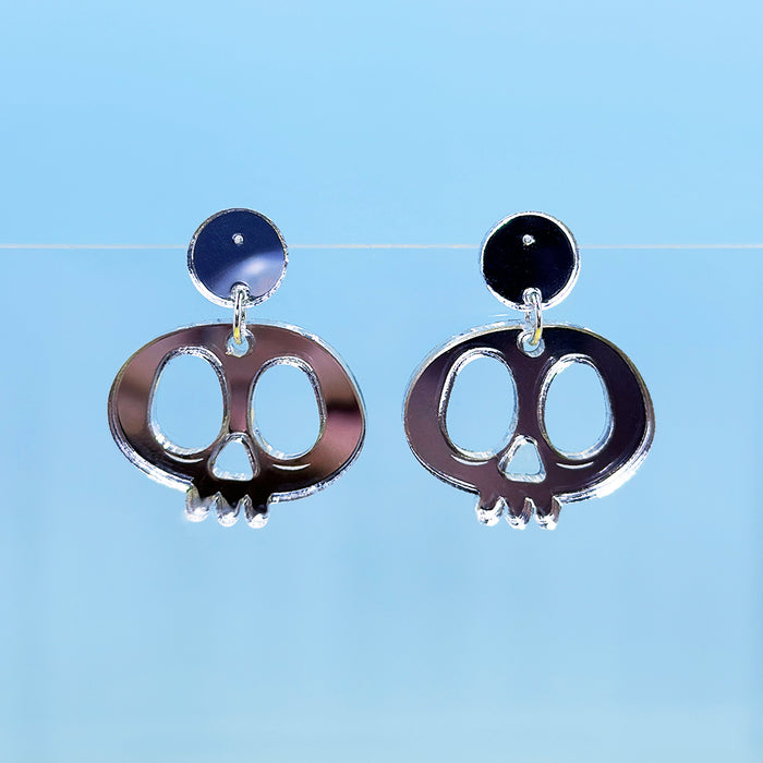 Silver Mirrored Skull Hanging Post Earrings