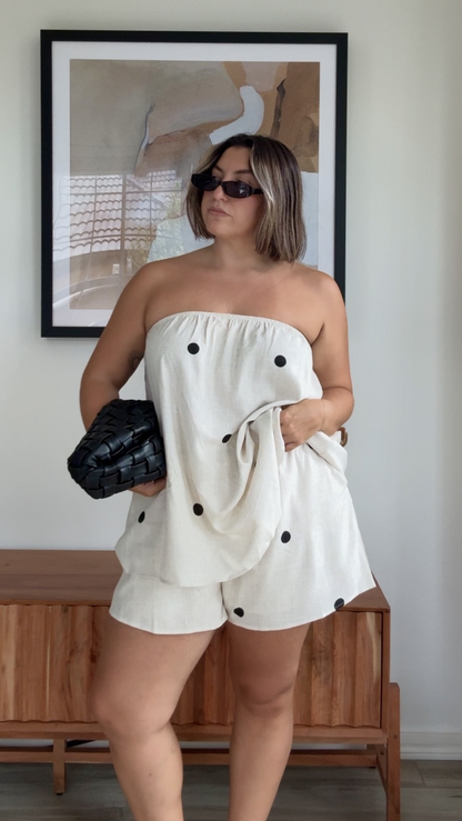Calliope Strapless Top and Shorts Set - Oat/Black Polka Dot