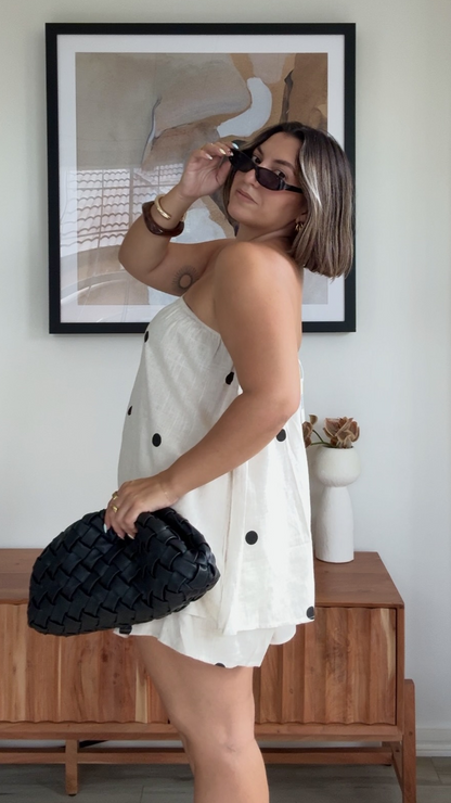 Calliope Strapless Top and Shorts Set - Oat/Black Polka Dot